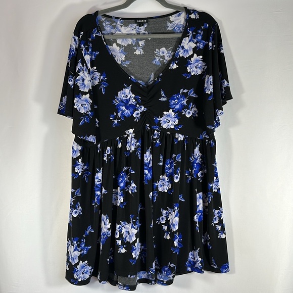Torrid Studio Knit Black & Blue Floral Cinch Front Babydoll Blouse Top - Picture 2 of 7